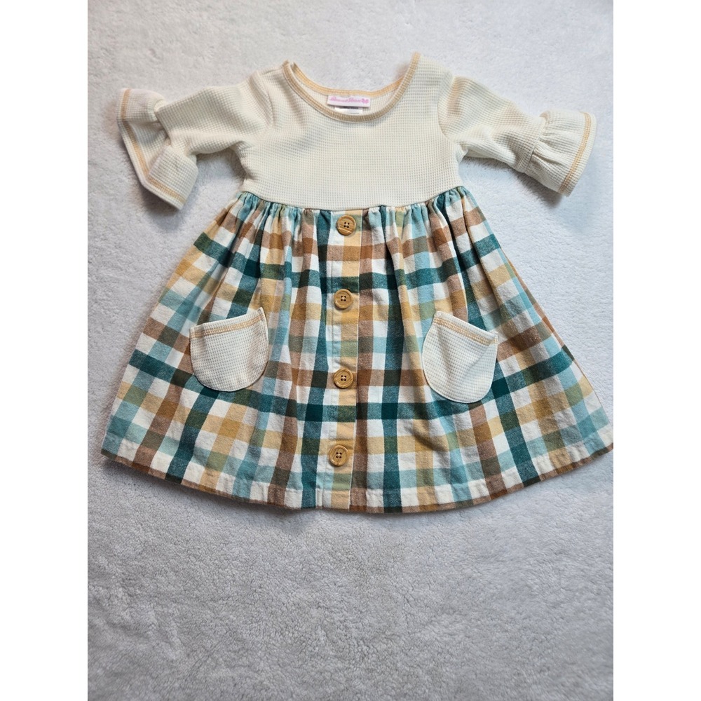 Toddler Girls 2T Plaid Waffle Knit Ruffle Mixed Media Dress Rustic Cottagecore
